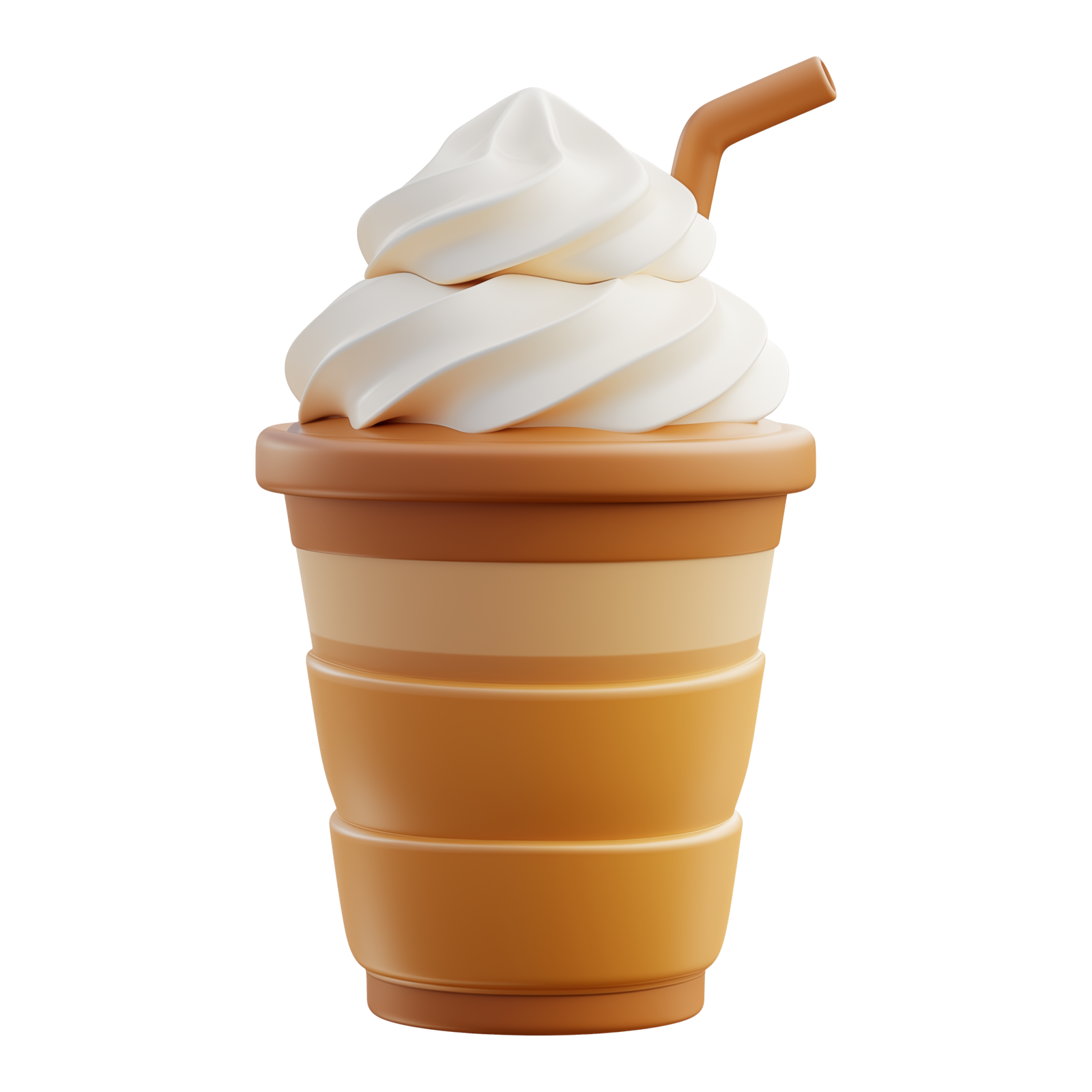 A tall milkshake with a thick swirl of soft-serve and a bent straw, on a round orange field.
