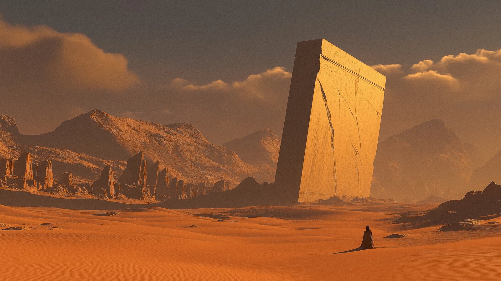 A lone monolith standing in an empty basin under a heavy sky.
