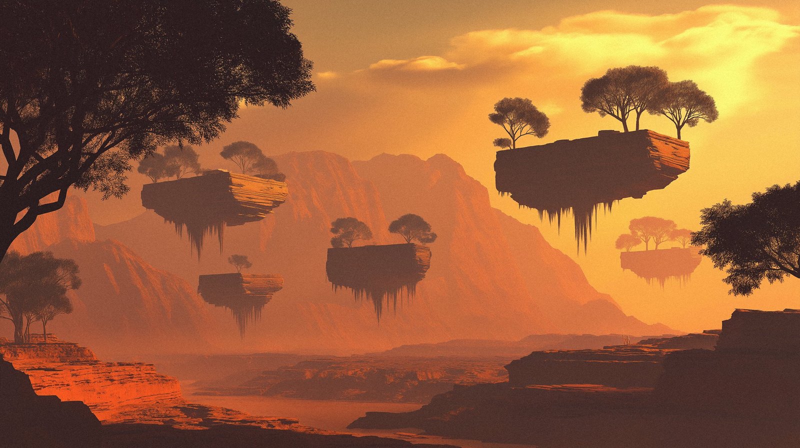 Suspended islands over a volcanic basin, seen from the northern rim.