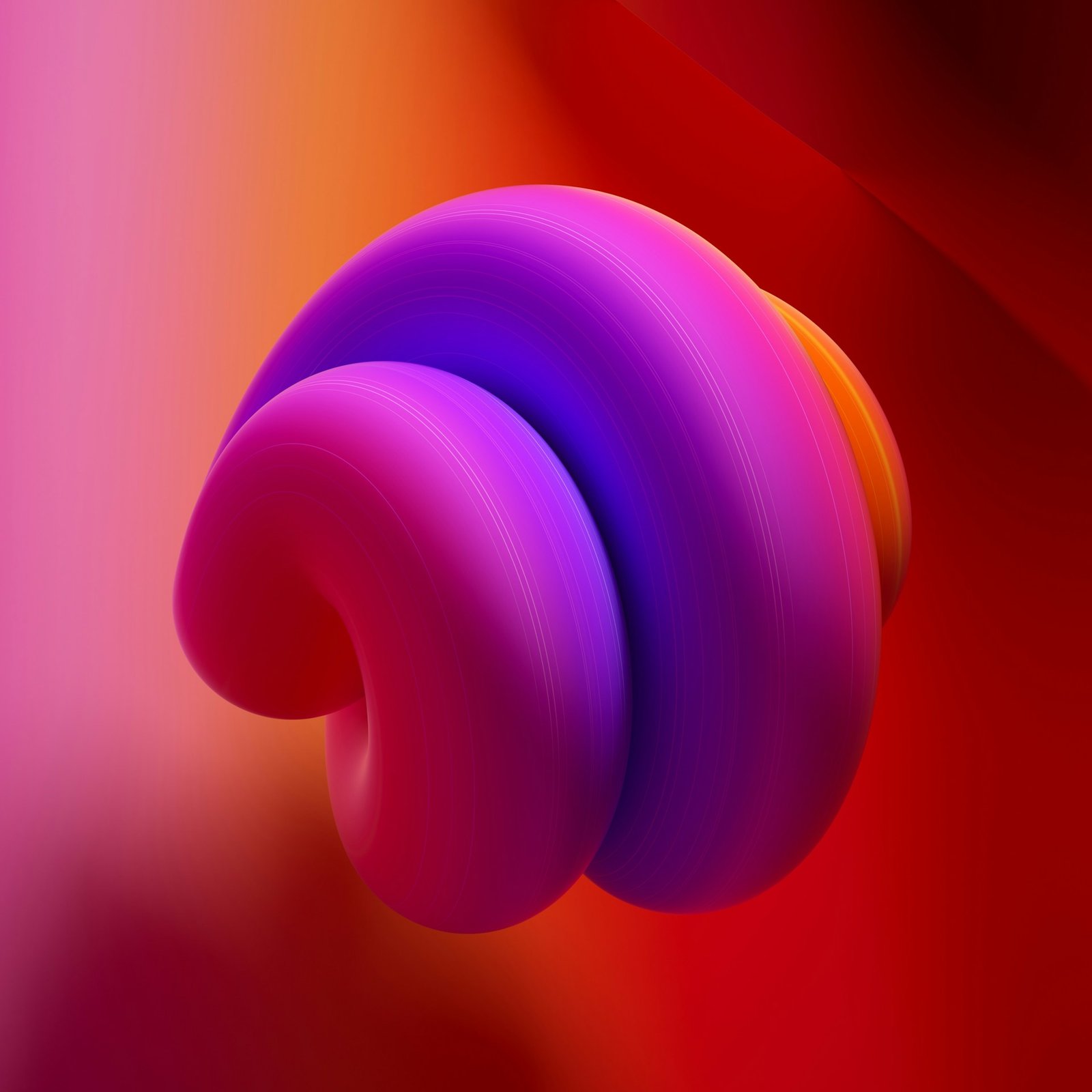 3D render: a glossy coiled form in pink, purple and blue on a red ground