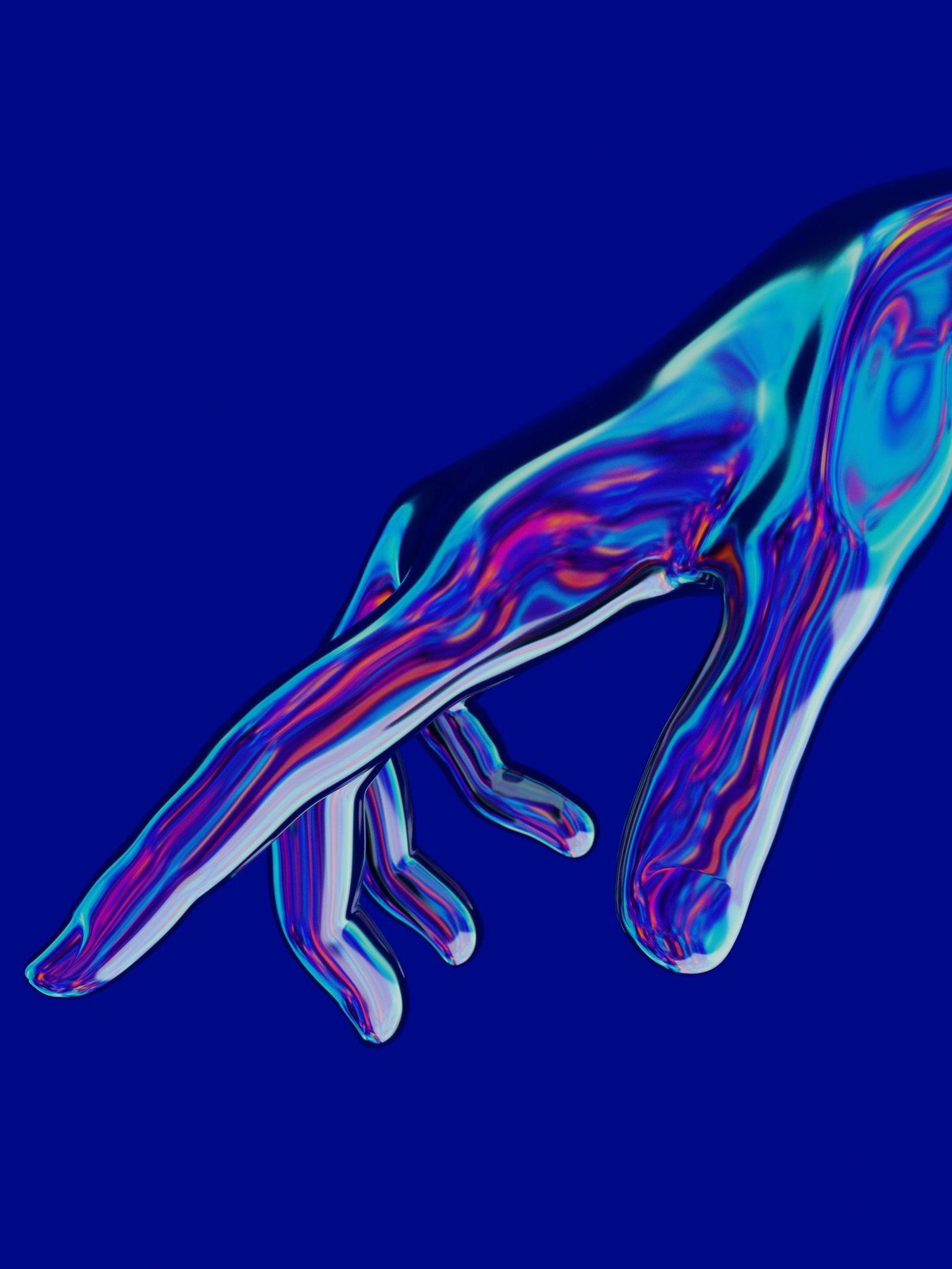 3D render: an iridescent chrome hand reaching down, on deep blue