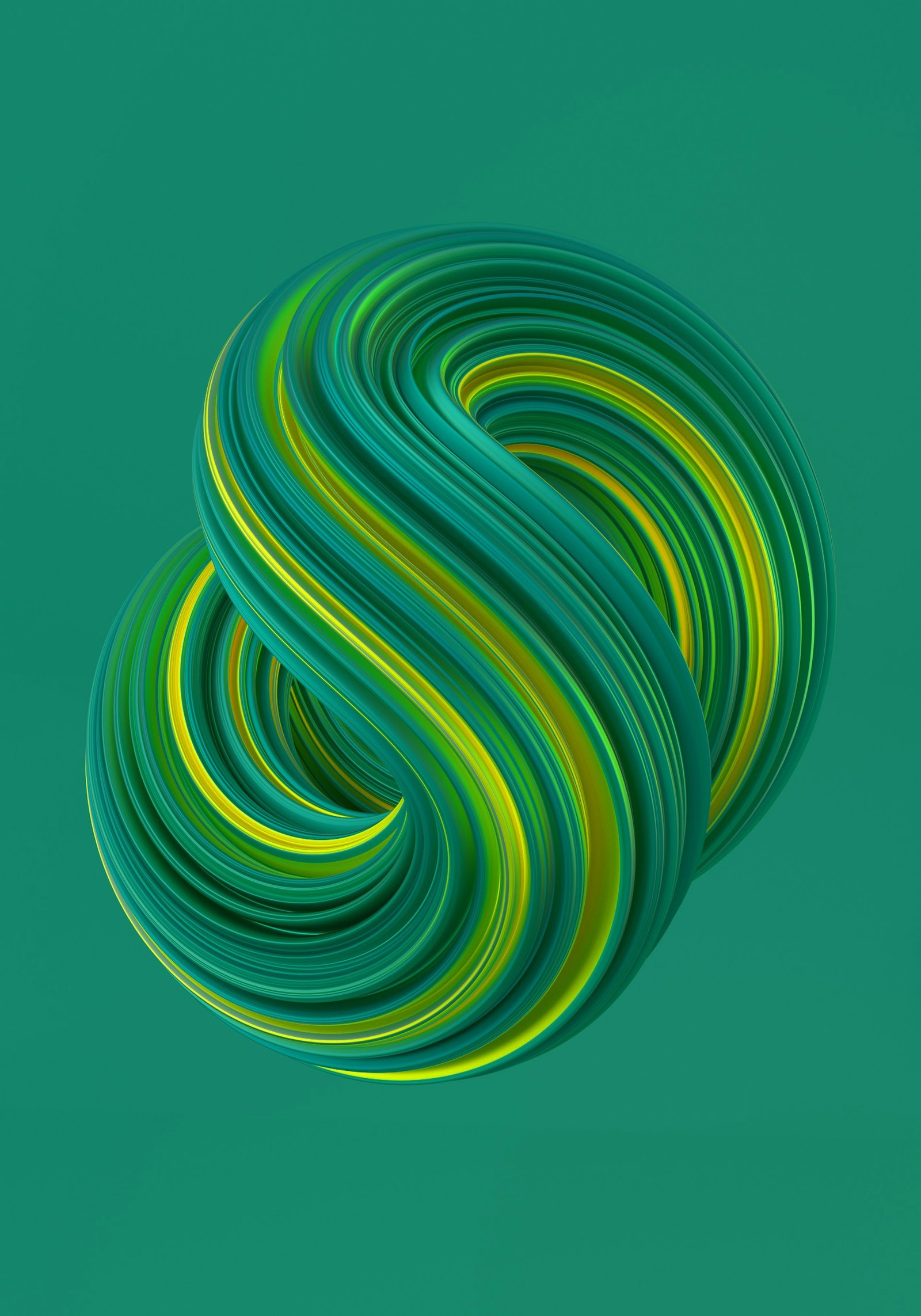 3D render: a twisted green and yellow ribbon knot on teal