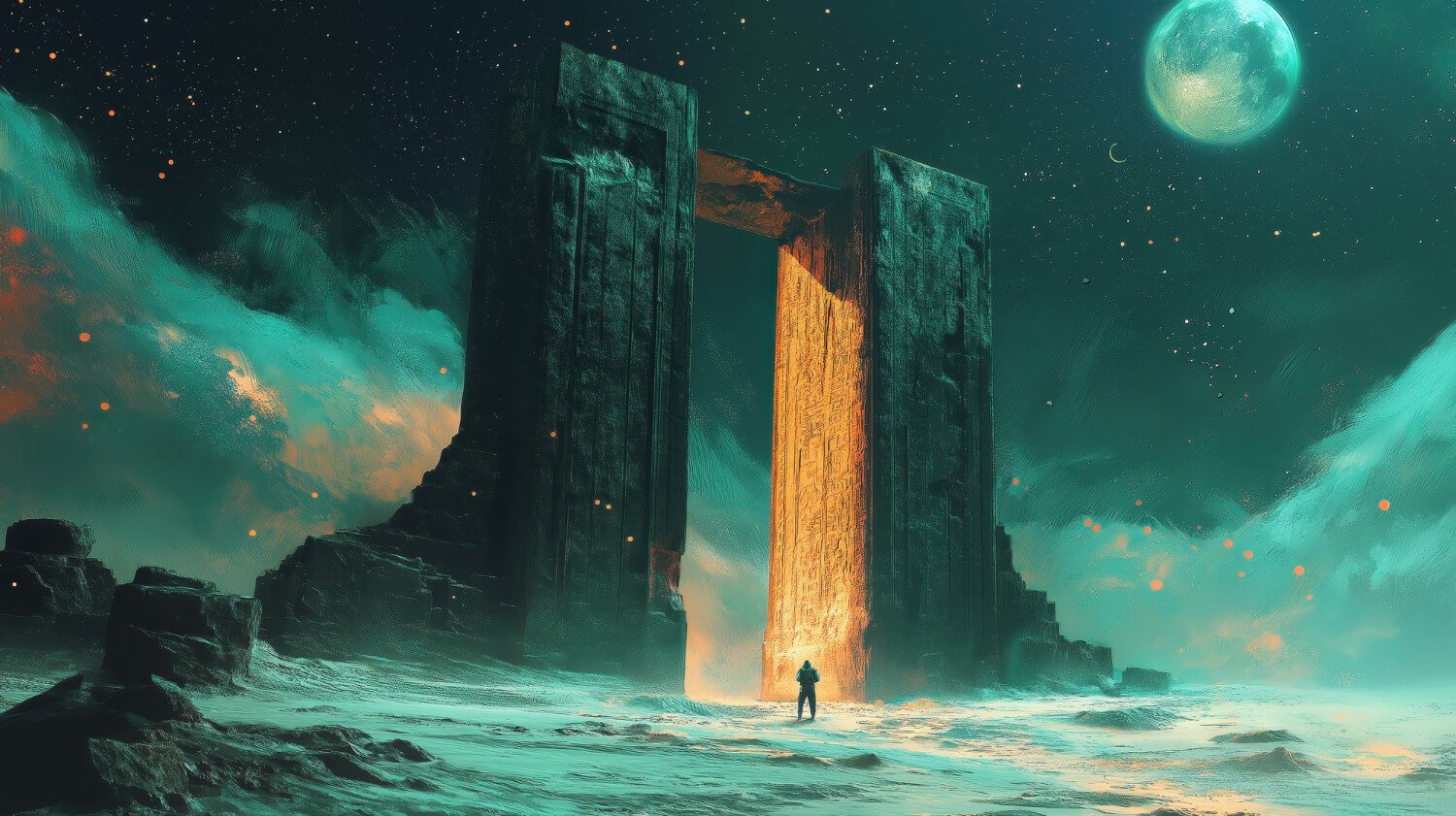 A lone figure in a suit stands before two colossal stone slabs on an icy plain, a lit inscribed monolith glowing orange between them.