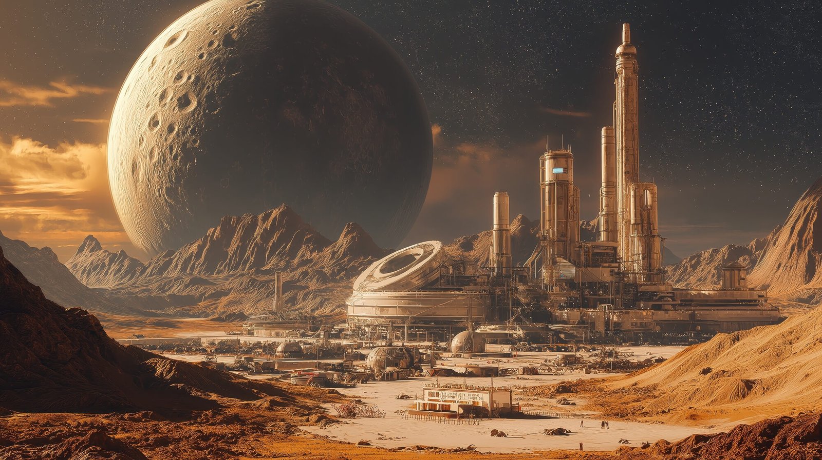 A research station of towers and a domed hall on an ochre desert plain, a cratered moon filling half the sky above it.