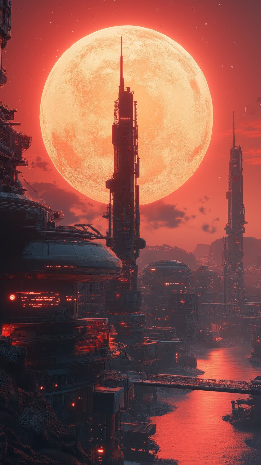 A dense vertical city of dark towers and lit windows under a huge pale moon in a red sky, a bridge crossing the water below.